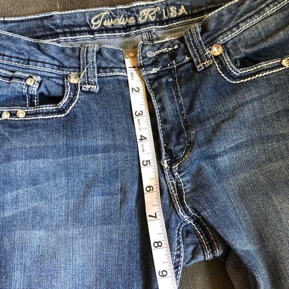 Twelve K Blue Bedazzled Embroidered Bootcut Jeans Low Rise Flap Pocket 9Jrs - Picture 14 of 16
